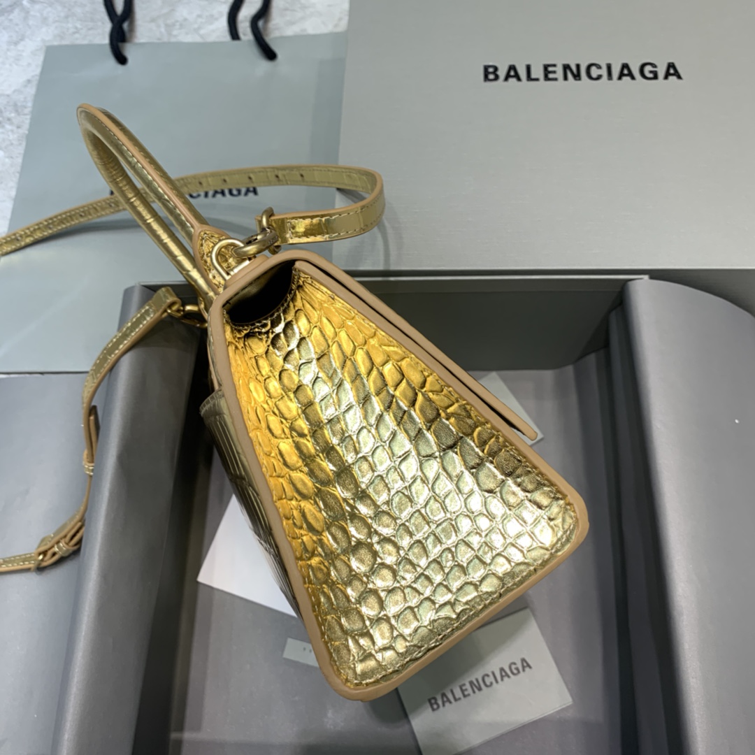 Balenciaga Hourglass Small Handbag Crocodile Embossed Shoulder Bag Gold